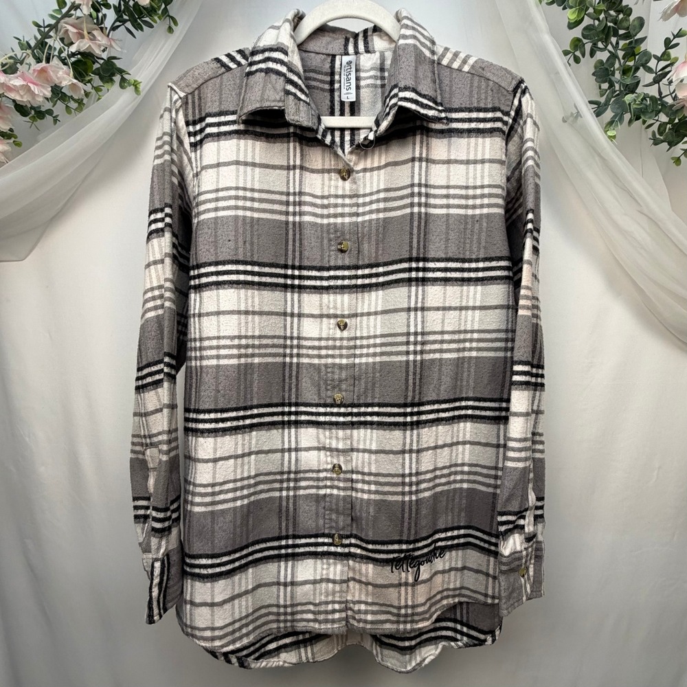 Artisans Tettegouche Plaid Flannel Shirt Gray White Black Button Down Large